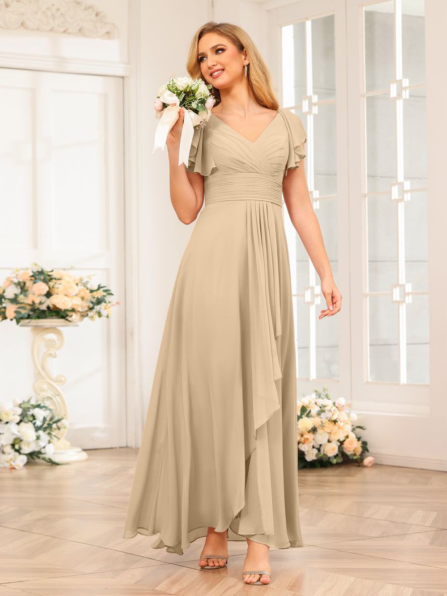 A-Line/Princess V-Neck Long Wedding Party Dresses with Ruffles Champagne