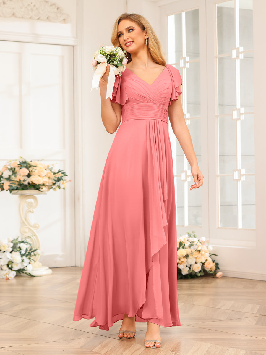 A-Line/Princess V-Neck Long Wedding Party Dresses with Ruffles Coral