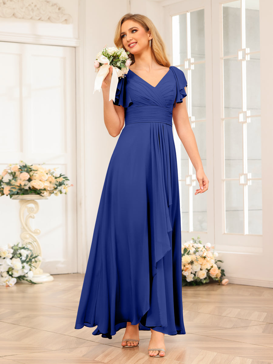 A-Line/Princess V-Neck Long Wedding Party Dresses with Ruffles Dark Royal Blue