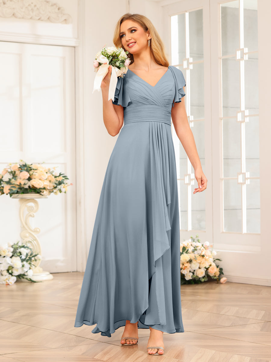 A-Line/Princess V-Neck Long Wedding Party Dresses with Ruffles Dusty Blue