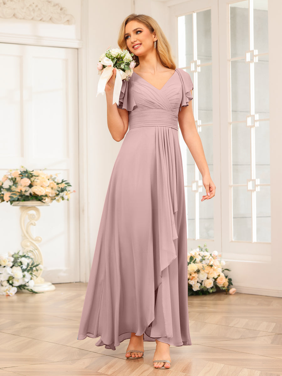 A-Line/Princess V-Neck Long Wedding Party Dresses with Ruffles Dusty Pink