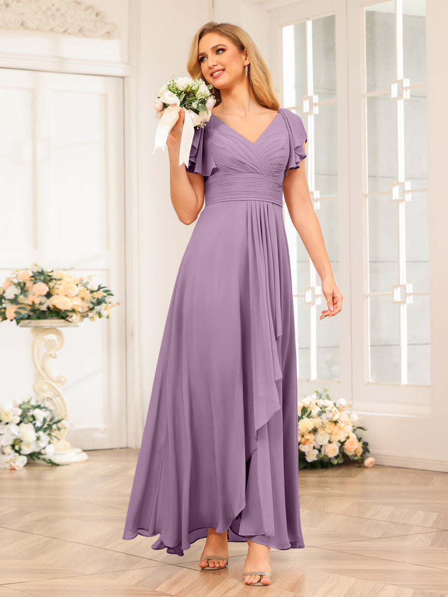 A-Line/Princess V-Neck Long Wedding Party Dresses with Ruffles Dusty Purple
