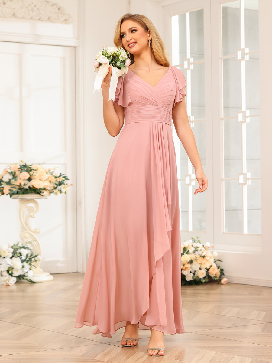 A-Line/Princess V-Neck Long Wedding Party Dresses with Ruffles Dusty Rose
