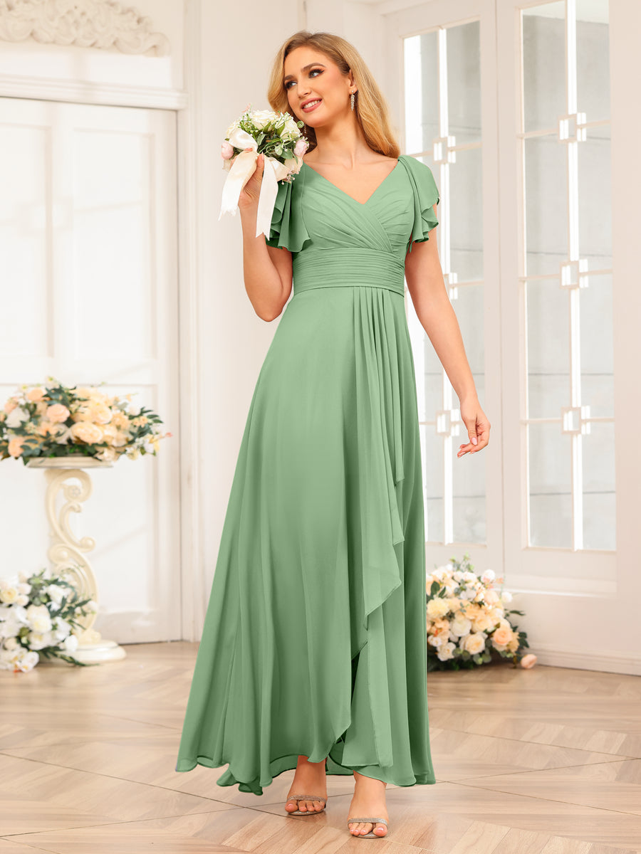A-Line/Princess V-Neck Long Wedding Party Dresses with Ruffles Dusty Sage