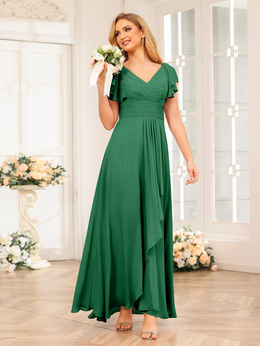 A-Line/Princess V-Neck Long Wedding Party Dresses with Ruffles Emerald