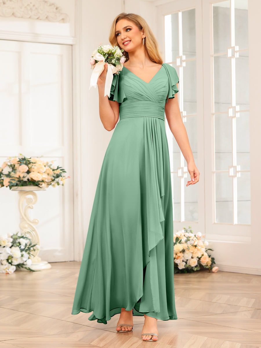 A-Line/Princess V-Neck Long Wedding Party Dresses with Ruffles Eucalyptus