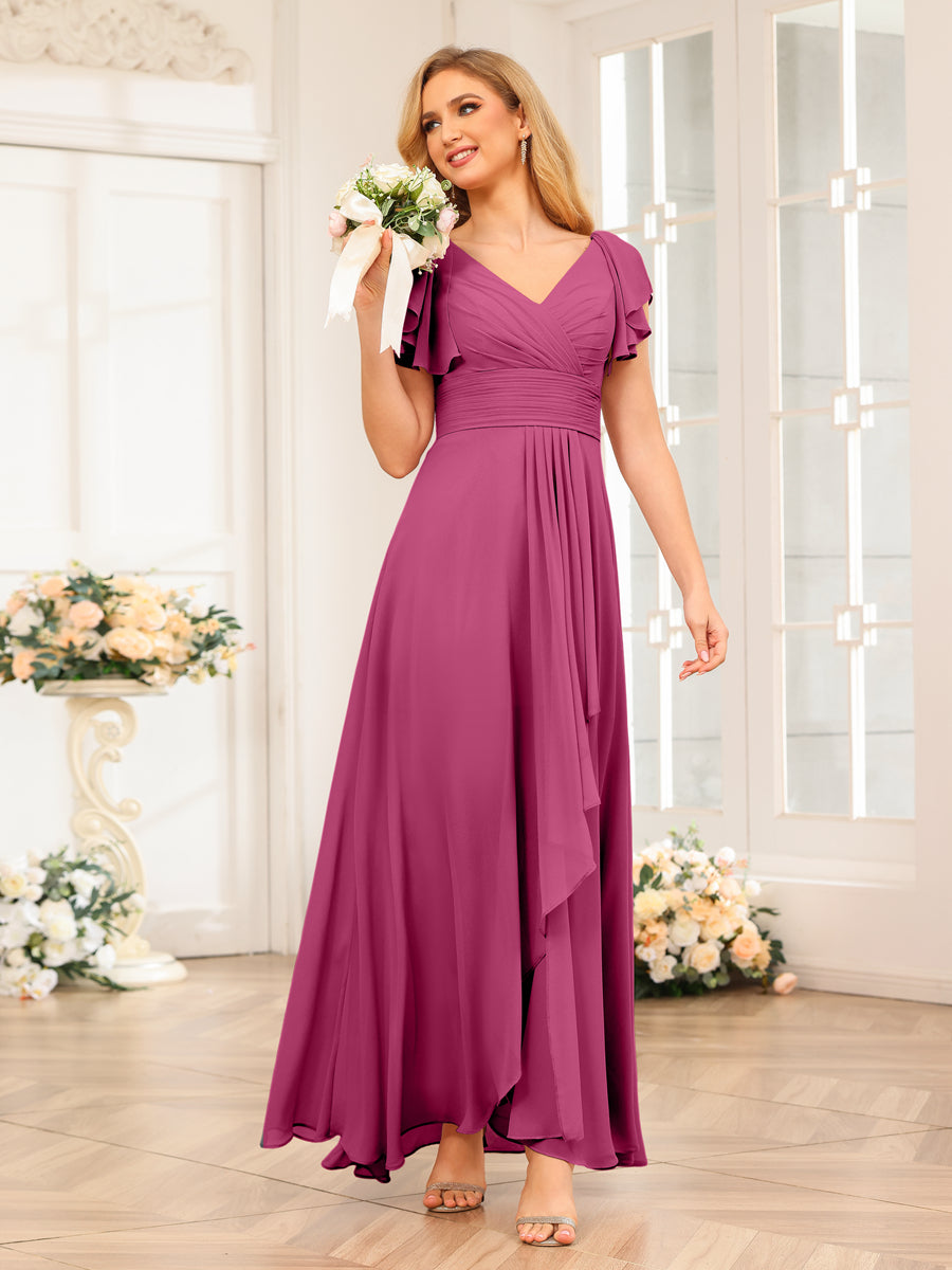 A-Line/Princess V-Neck Long Wedding Party Dresses with Ruffles Fuchsia