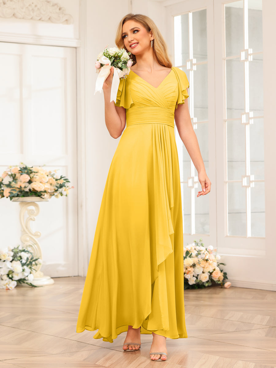 A-Line/Princess V-Neck Long Wedding Party Dresses with Ruffles Gold