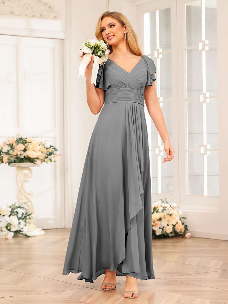 A-Line/Princess V-Neck Long Wedding Party Dresses with Ruffles Gray