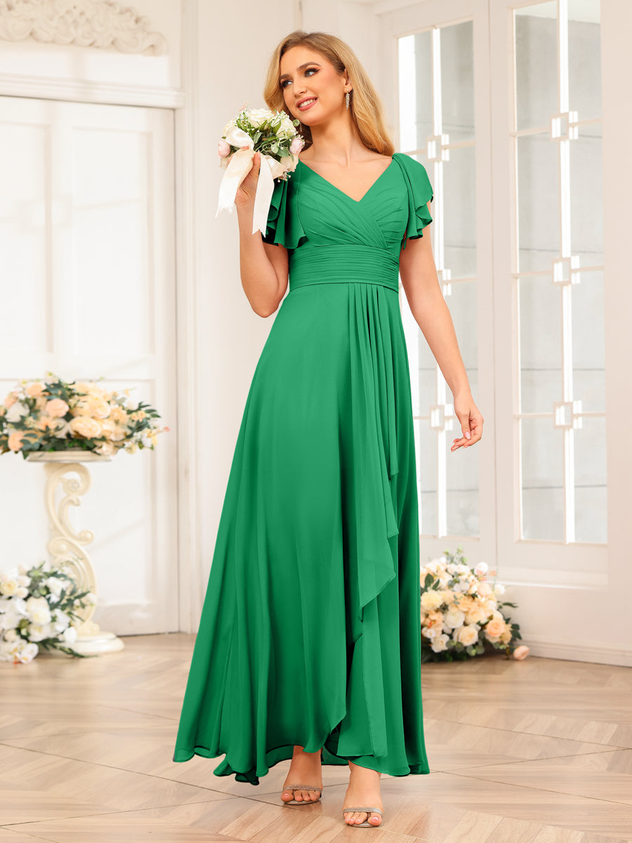 A-Line/Princess V-Neck Long Wedding Party Dresses with Ruffles Green