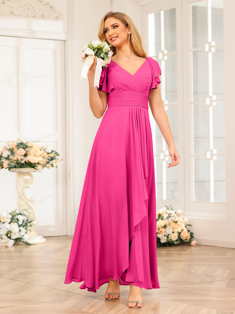 A-Line/Princess V-Neck Long Wedding Party Dresses with Ruffles Hot Pink