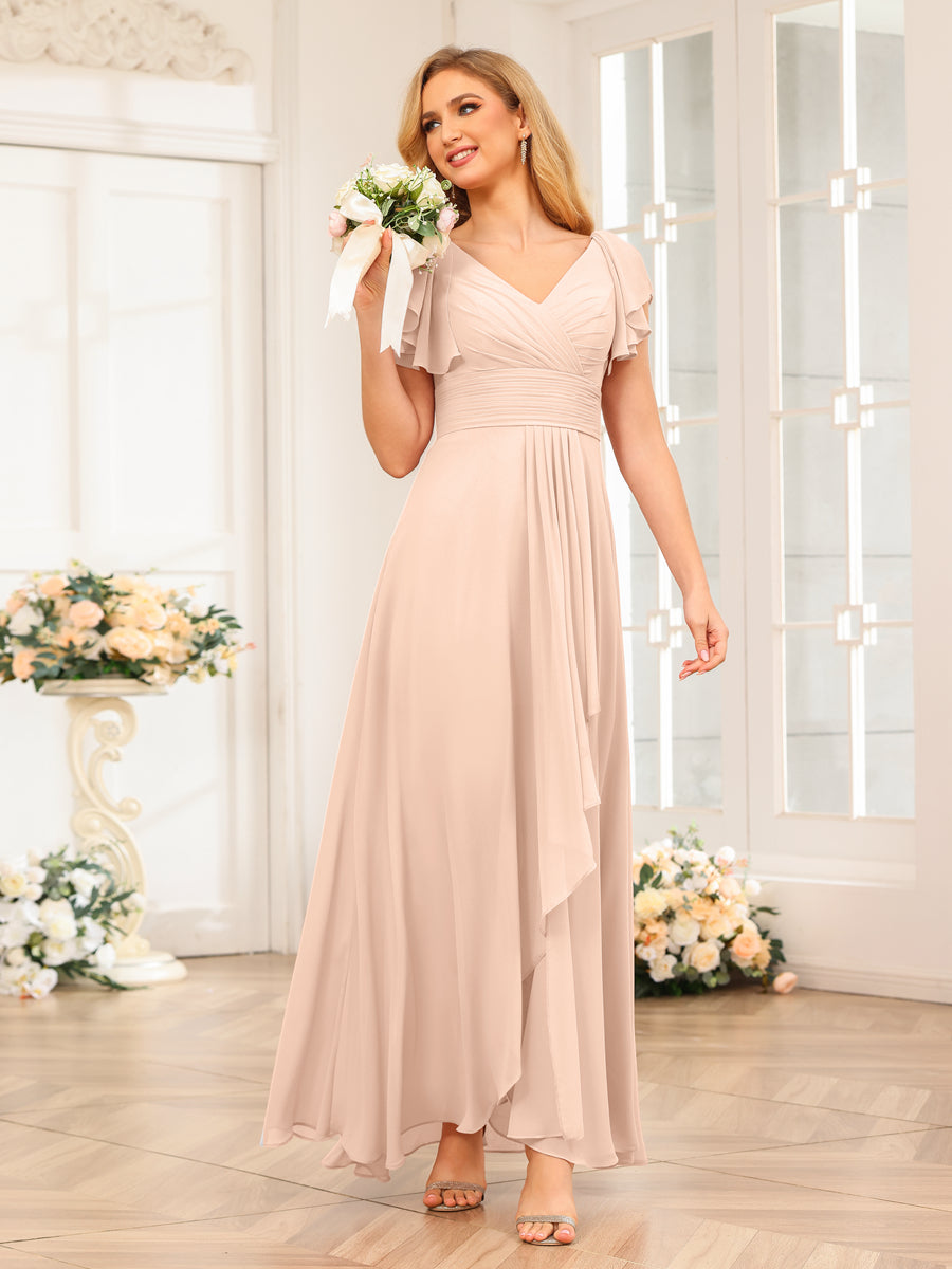 A-Line/Princess V-Neck Long Wedding Party Dresses with Ruffles Light Champagne