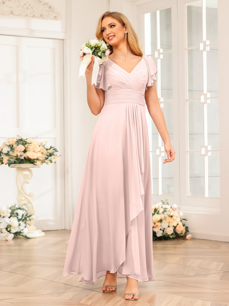 A-Line/Princess V-Neck Long Wedding Party Dresses with Ruffles Light Pink