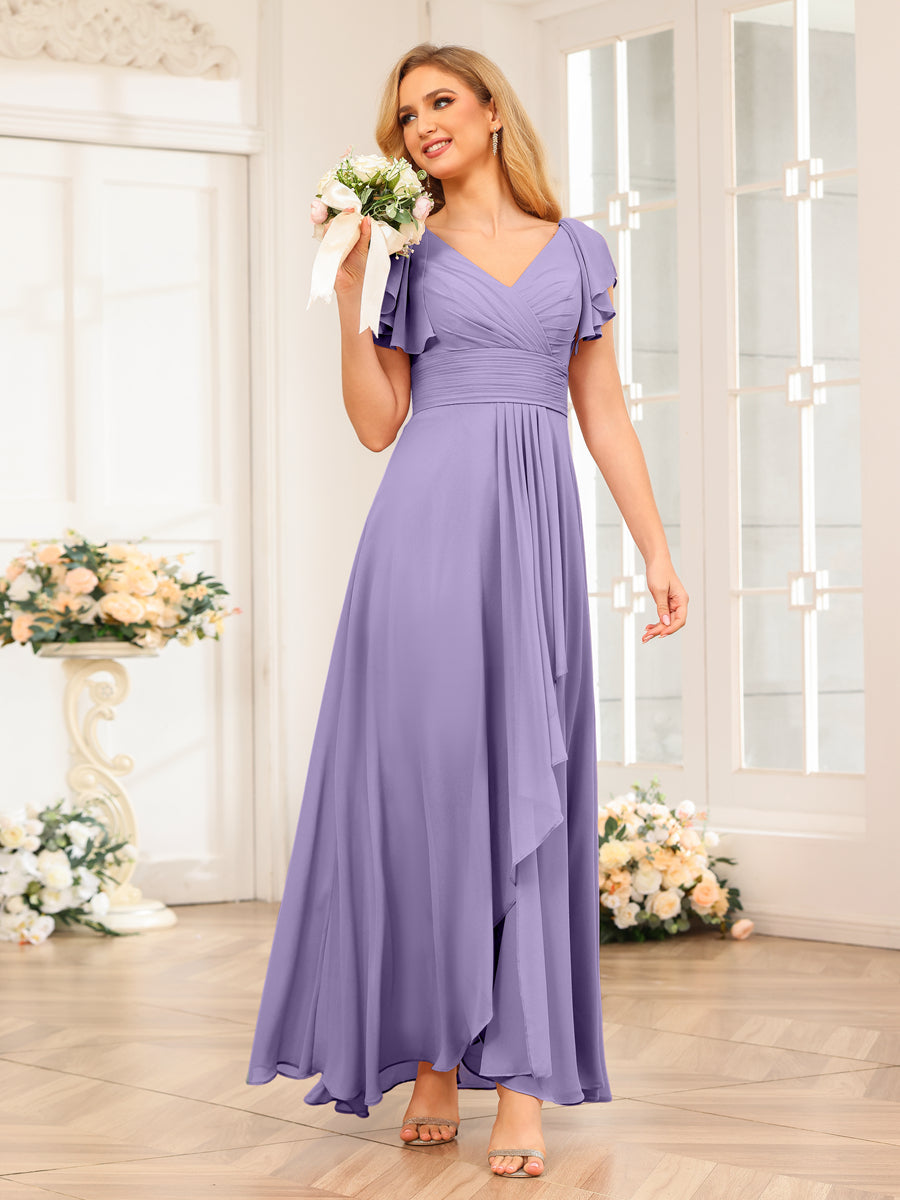 A-Line/Princess V-Neck Long Wedding Party Dresses with Ruffles Light Purple