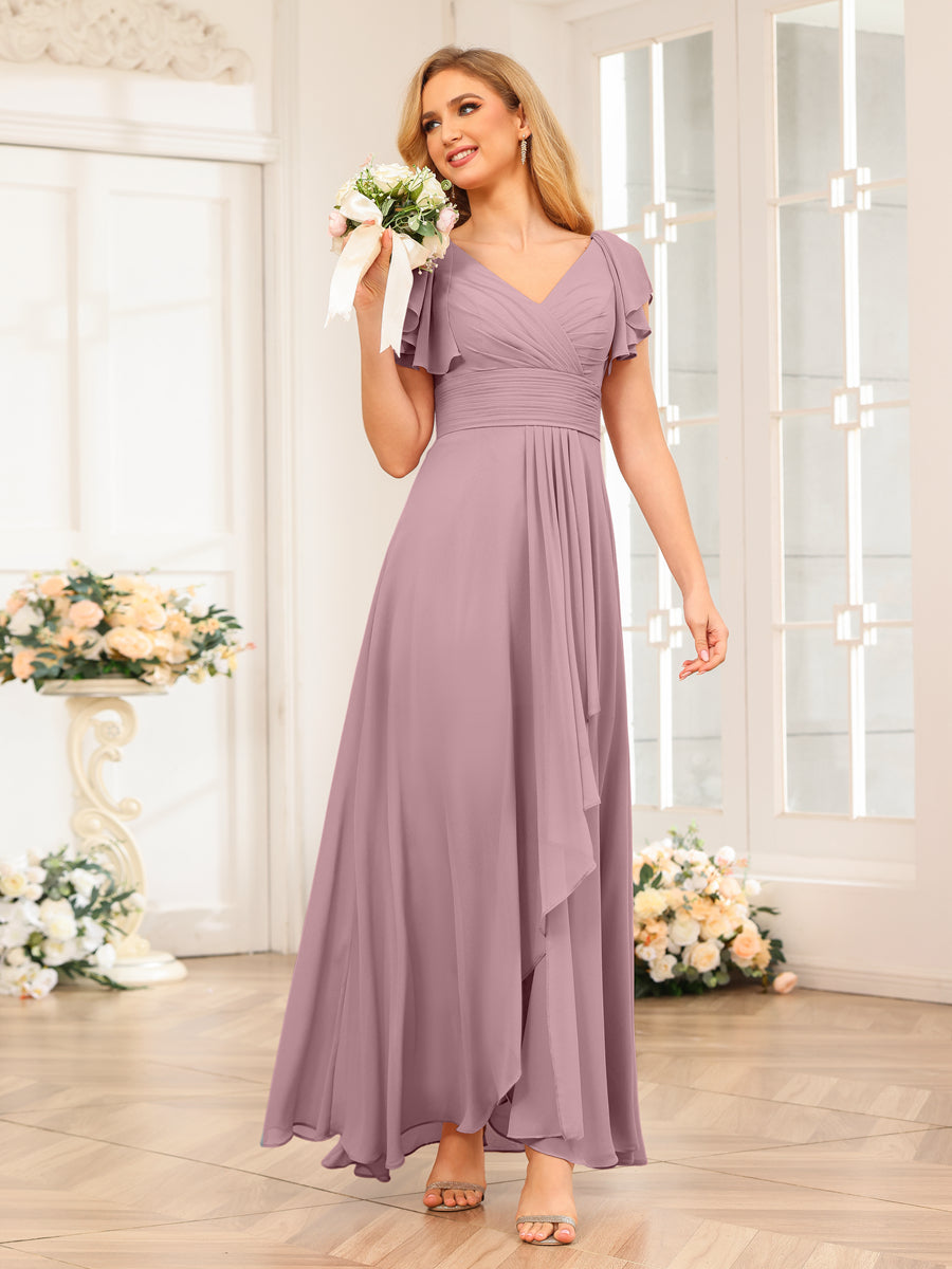 A-Line/Princess V-Neck Long Wedding Party Dresses with Ruffles Mauve