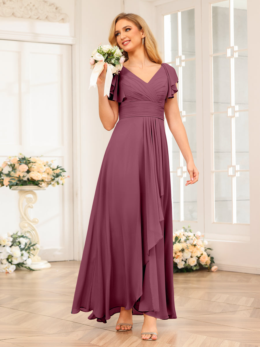 A-Line/Princess V-Neck Long Wedding Party Dresses with Ruffles Mulberry