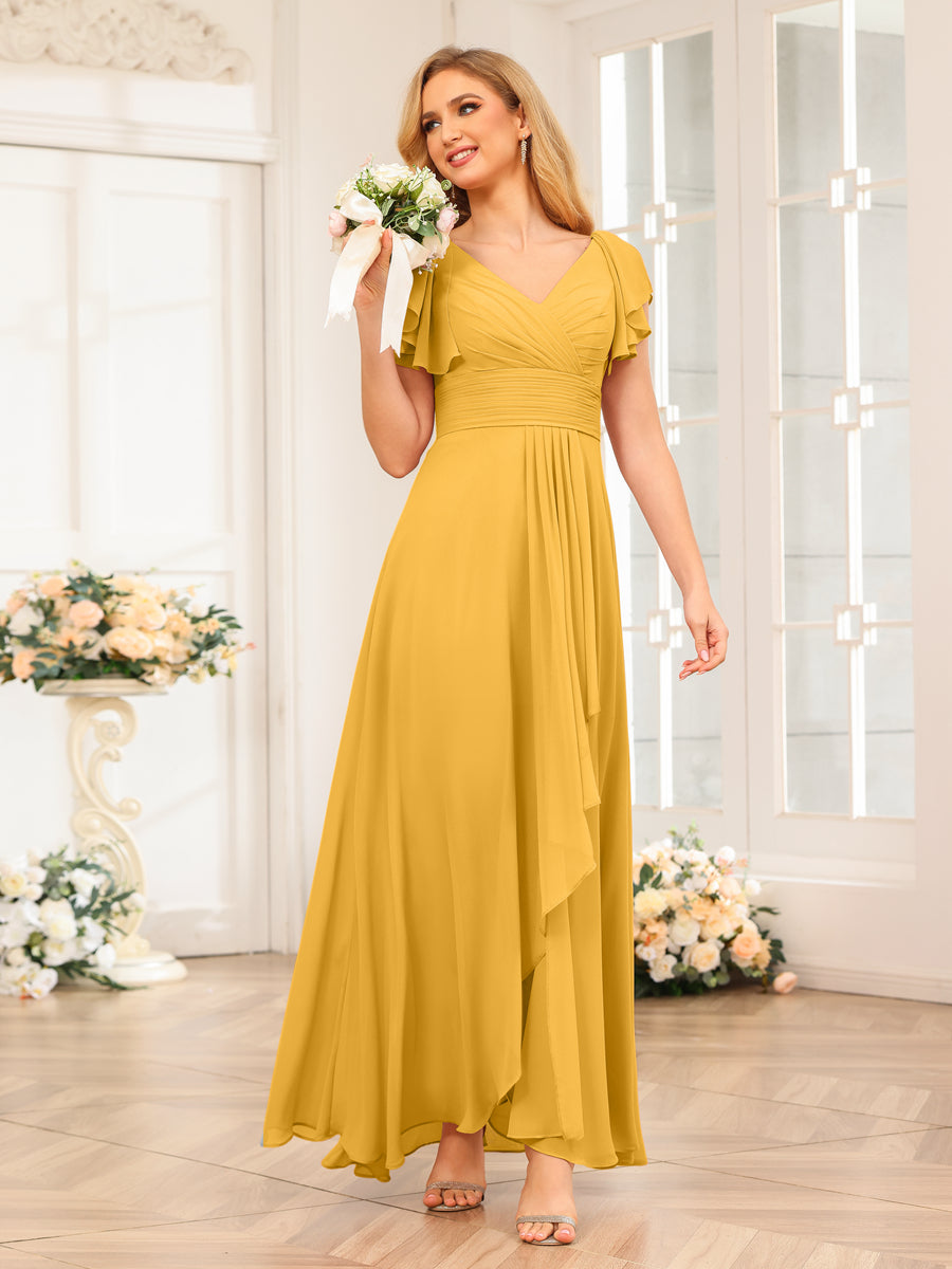 A-Line/Princess V-Neck Long Wedding Party Dresses with Ruffles Mustard Yellow