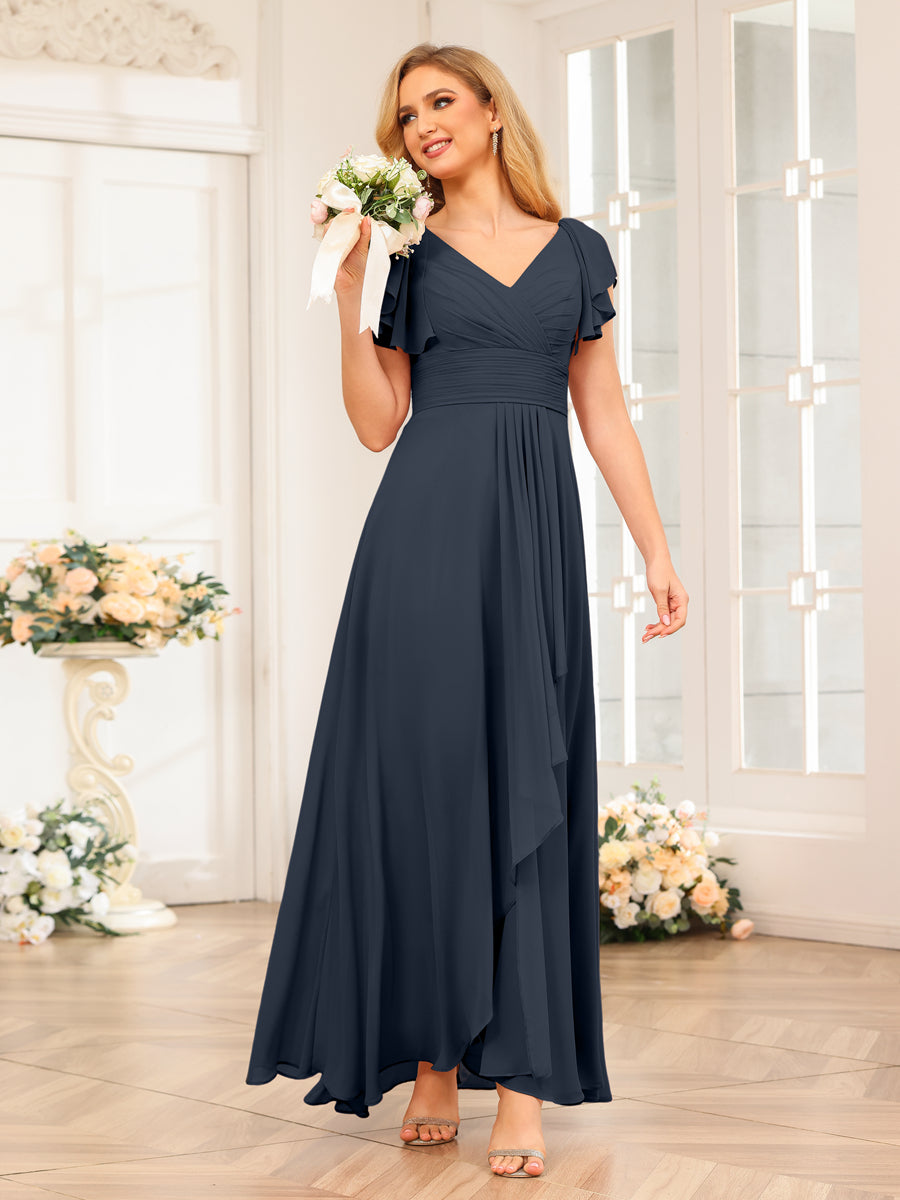 A-Line/Princess V-Neck Long Wedding Party Dresses with Ruffles Navy Blue