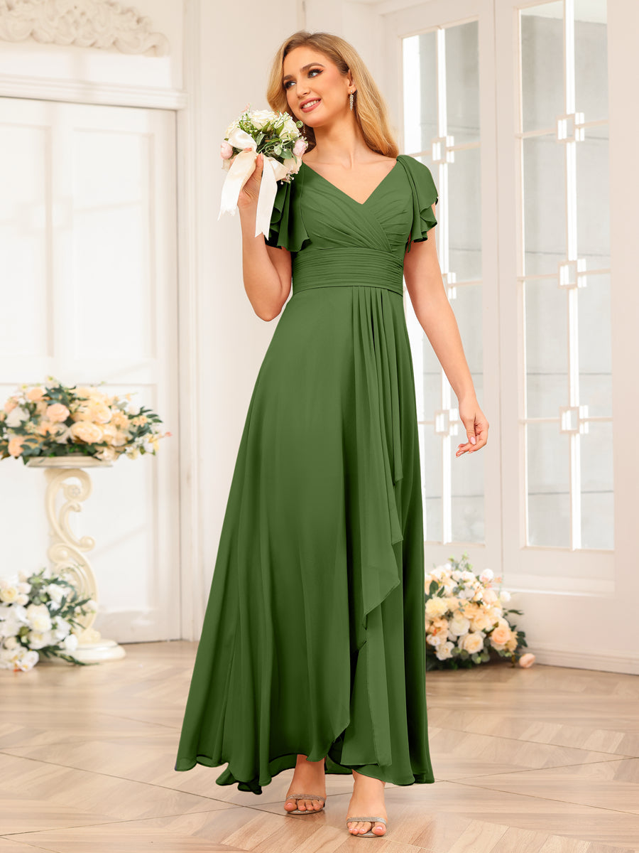 A-Line/Princess V-Neck Long Wedding Party Dresses with Ruffles Olive Green