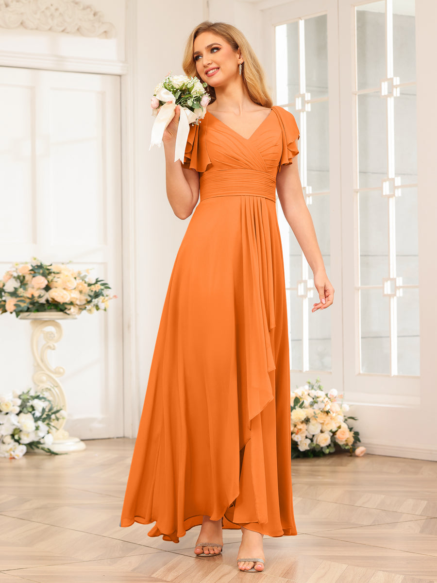 A-Line/Princess V-Neck Long Wedding Party Dresses with Ruffles Orange