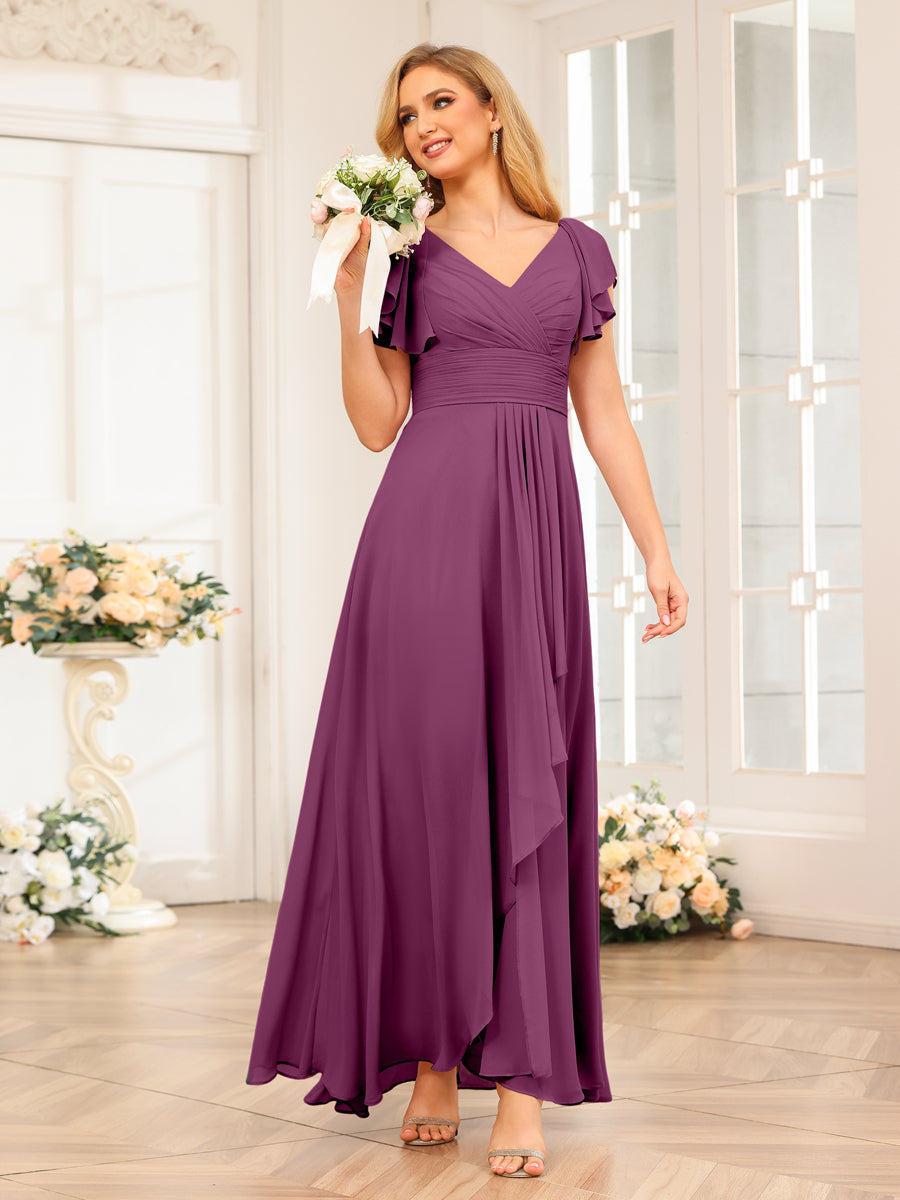 A-Line/Princess V-Neck Long Wedding Party Dresses with Ruffles Orchid