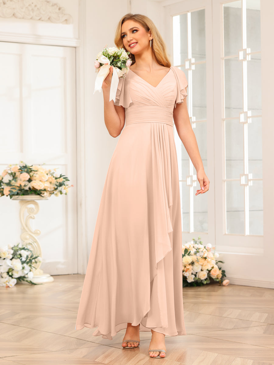 A-Line/Princess V-Neck Long Wedding Party Dresses with Ruffles Peach Pink