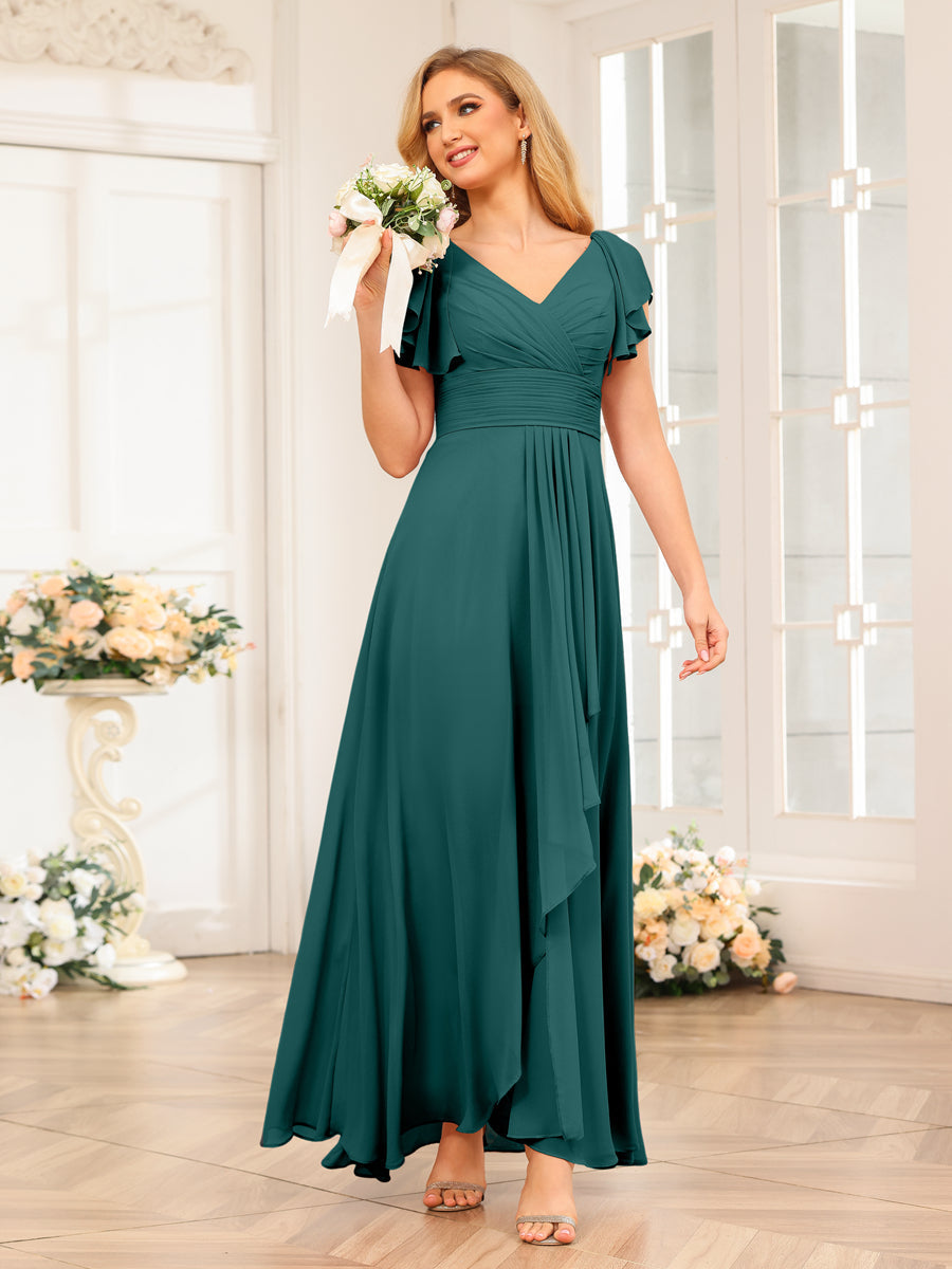 A-Line/Princess V-Neck Long Wedding Party Dresses with Ruffles Peacock
