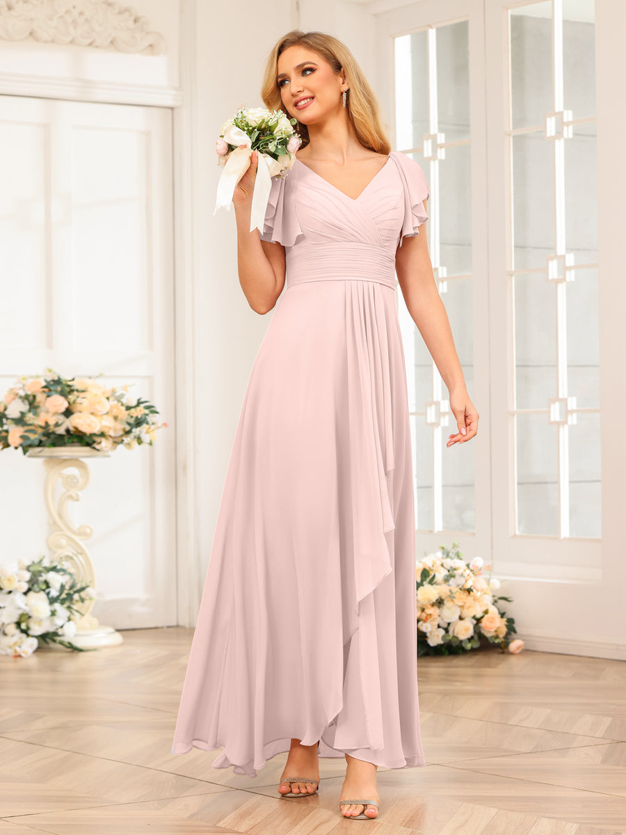 A-Line/Princess V-Neck Long Wedding Party Dresses with Ruffles Pearl Pink