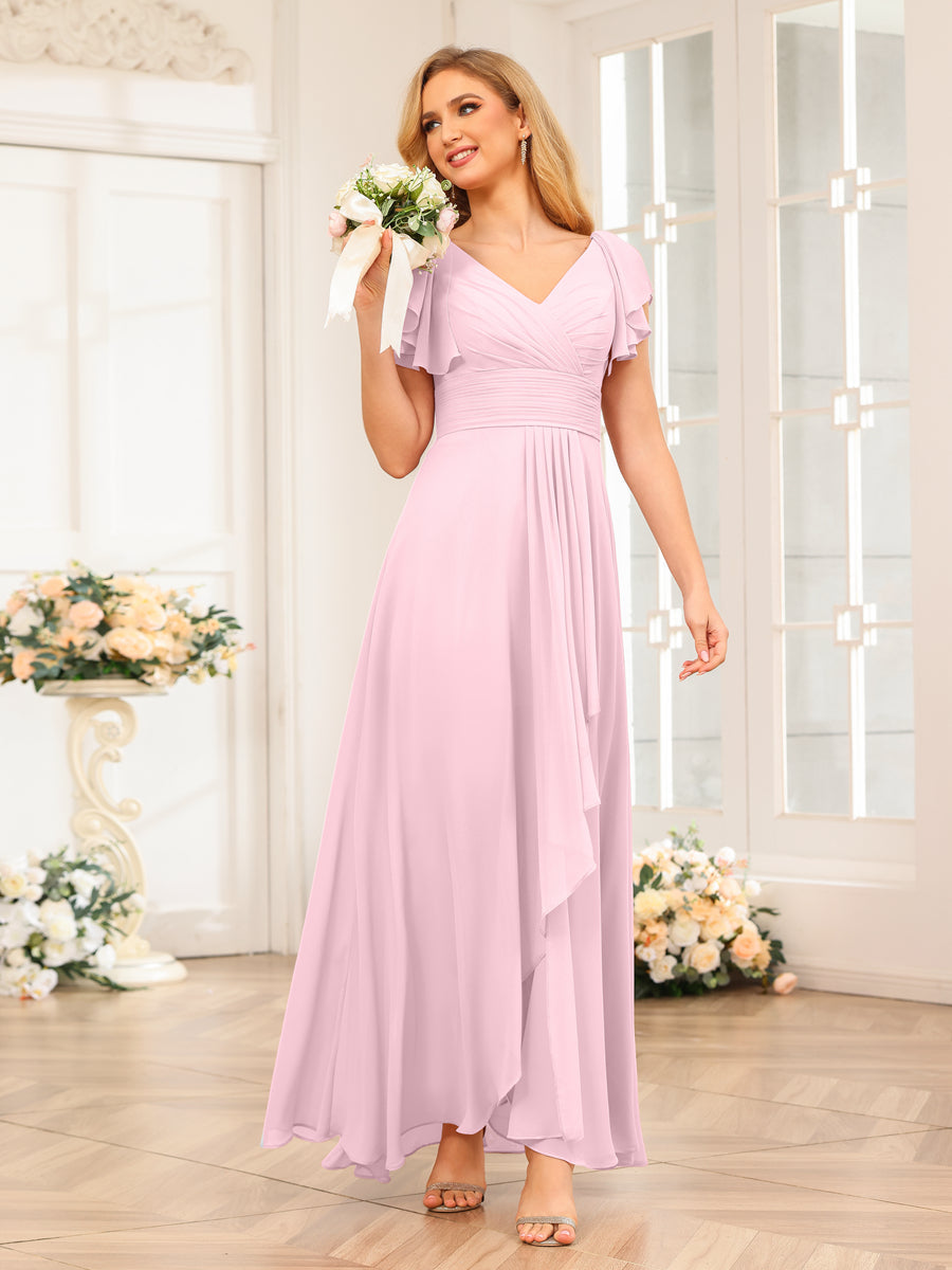 A-Line/Princess V-Neck Long Wedding Party Dresses with Ruffles Pink