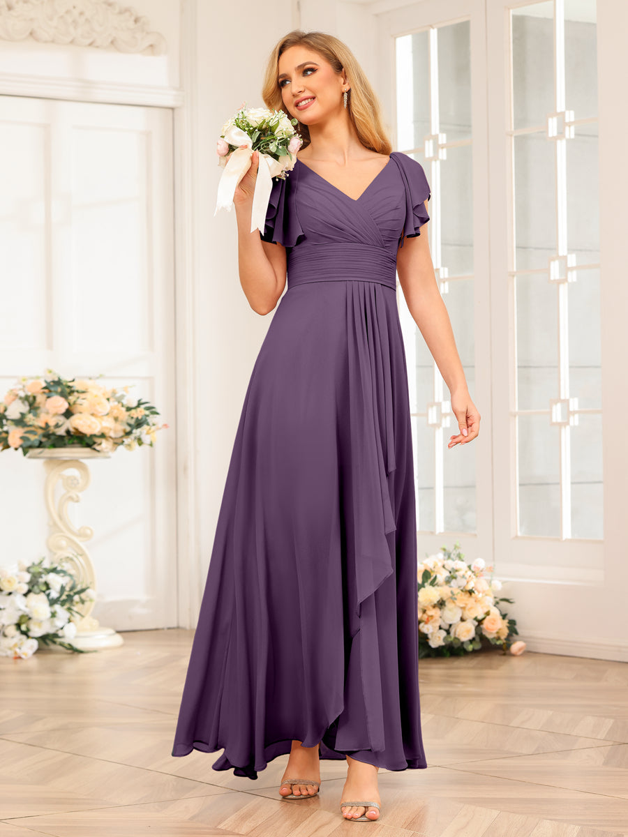 A-Line/Princess V-Neck Long Wedding Party Dresses with Ruffles Plum