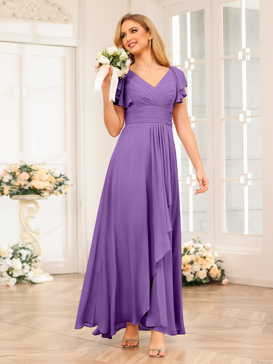 A-Line/Princess V-Neck Long Wedding Party Dresses with Ruffles Purple