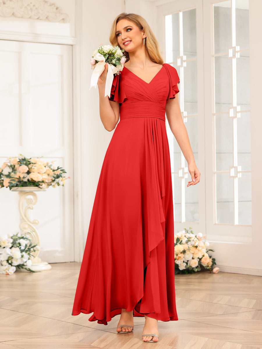 A-Line/Princess V-Neck Long Wedding Party Dresses with Ruffles Red