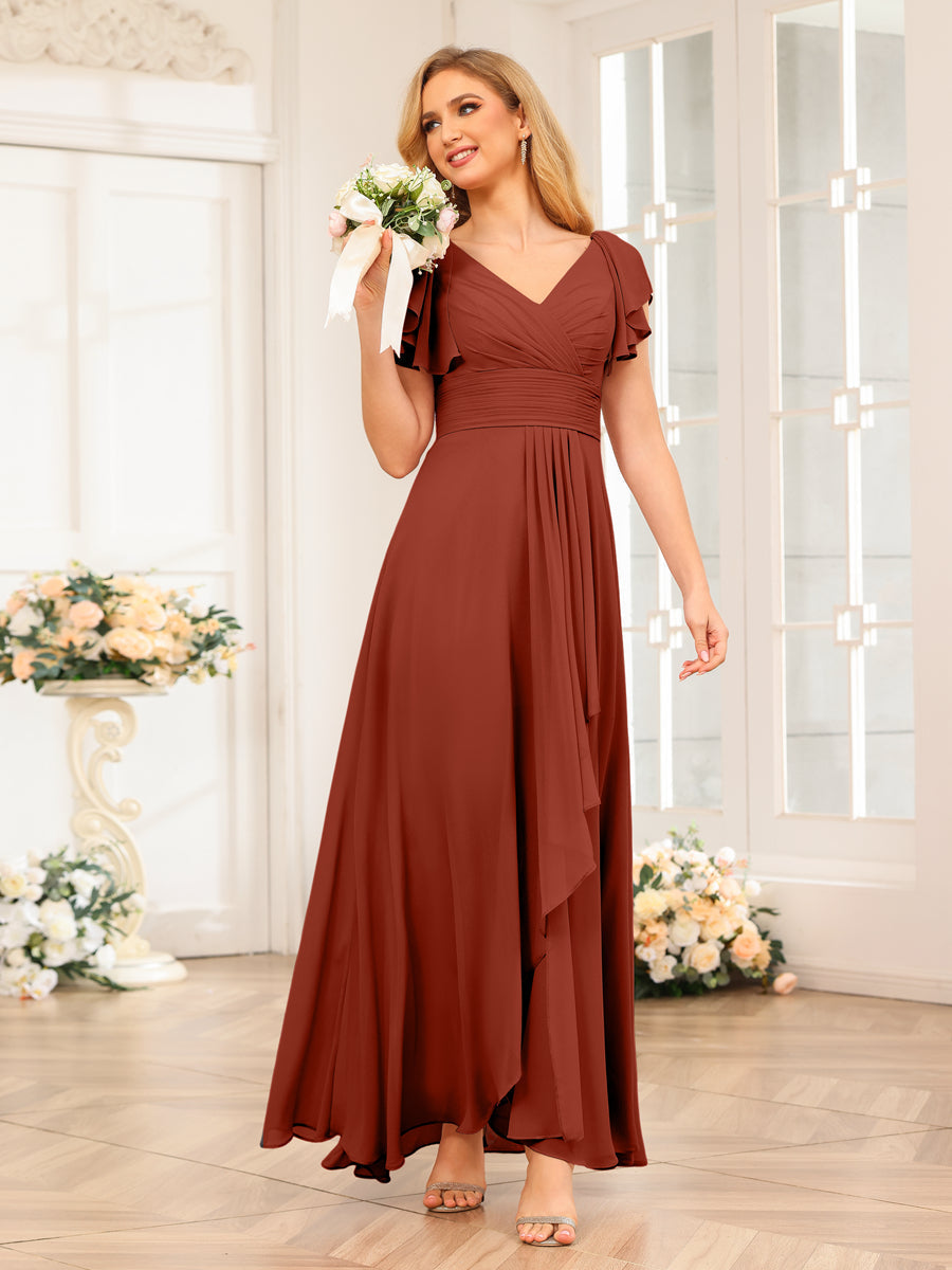 A-Line/Princess V-Neck Long Wedding Party Dresses with Ruffles Rust