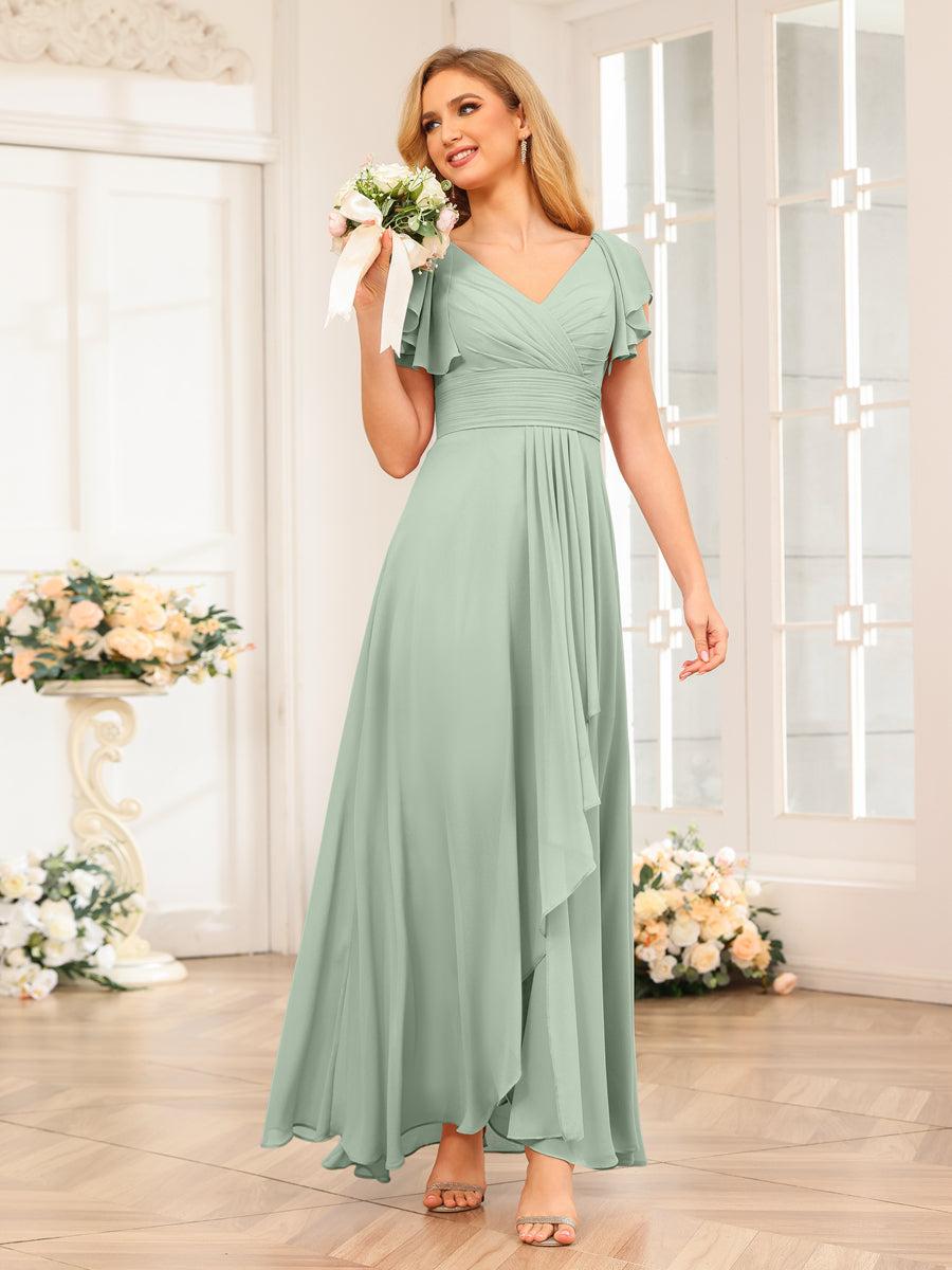 A-Line/Princess V-Neck Long Wedding Party Dresses with Ruffles Sage