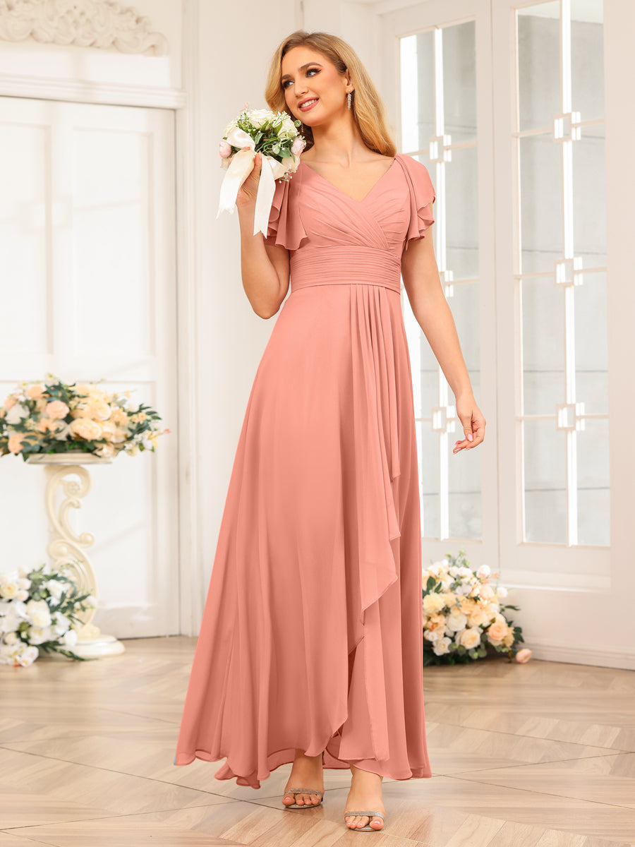 A-Line/Princess V-Neck Long Wedding Party Dresses with Ruffles Salmon