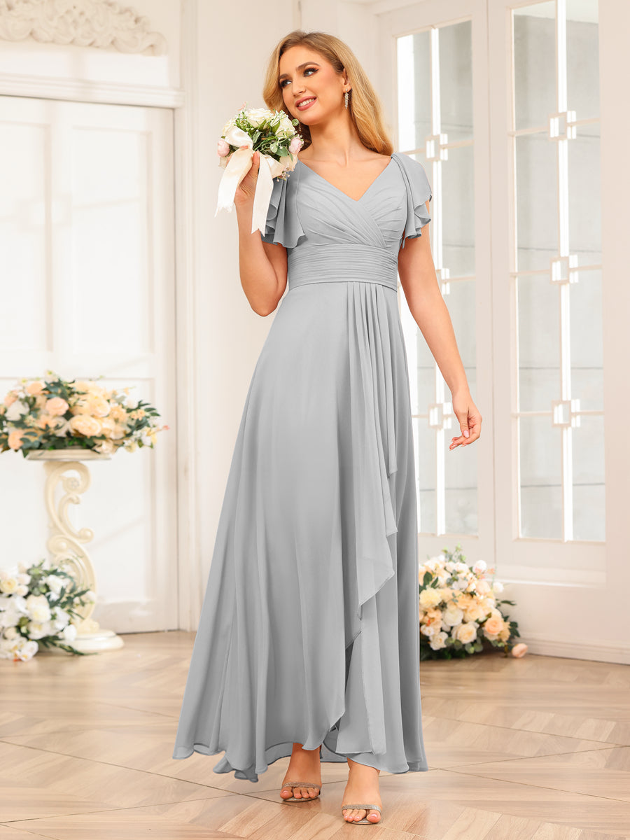 A-Line/Princess V-Neck Long Wedding Party Dresses with Ruffles Silver