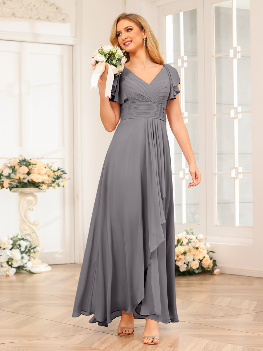 A-Line/Princess V-Neck Long Wedding Party Dresses with Ruffles Silver Gray