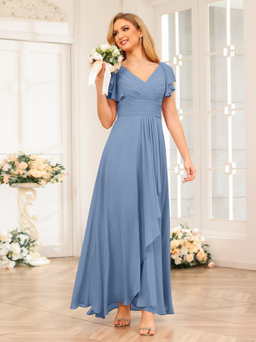 A-Line/Princess V-Neck Long Wedding Party Dresses with Ruffles Steel Blue