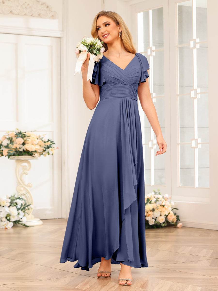 A-Line/Princess V-Neck Long Wedding Party Dresses with Ruffles Stormy Blue