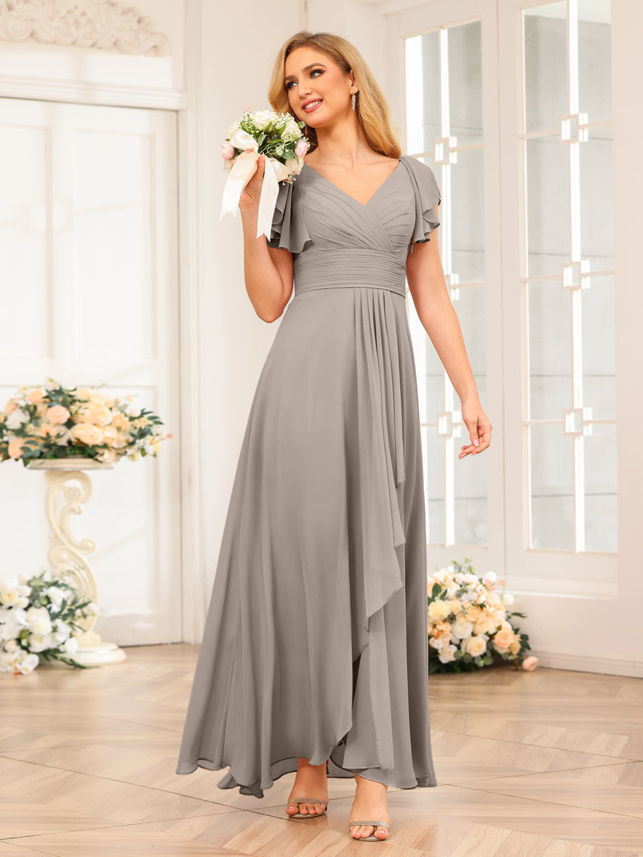 A-Line/Princess V-Neck Long Wedding Party Dresses with Ruffles Taupe