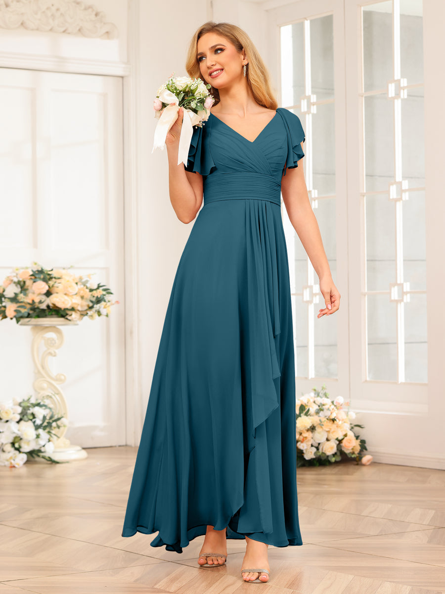 A-Line/Princess V-Neck Long Wedding Party Dresses with Ruffles Teal