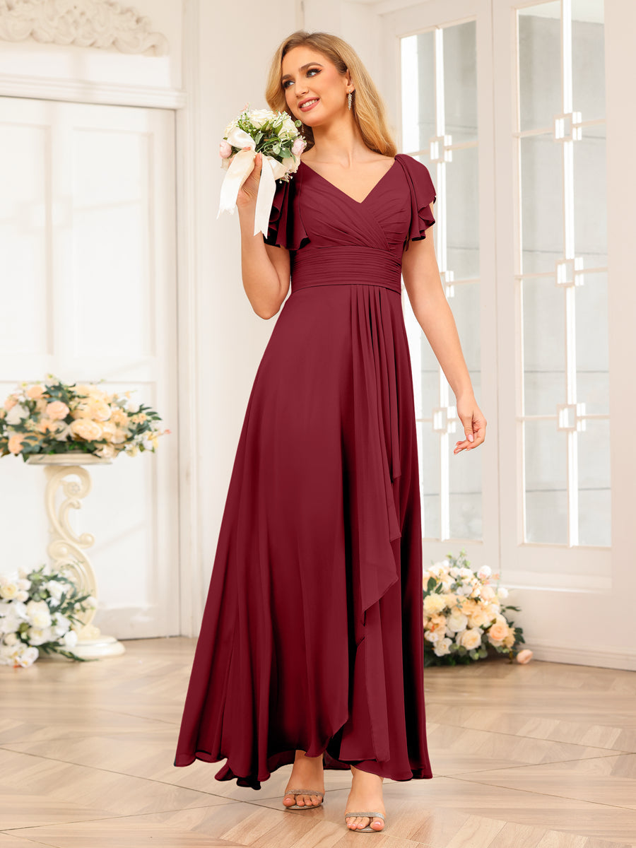 A-Line/Princess V-Neck Long Wedding Party Dresses with Ruffles Wine Red
