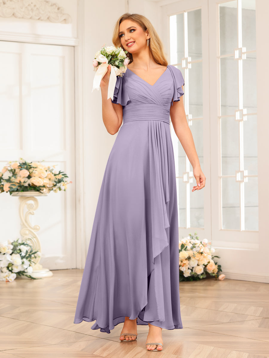A-Line/Princess V-Neck Long Wedding Party Dresses with Ruffles Wisteria