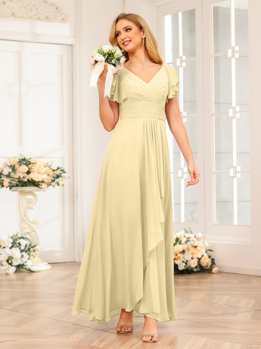 A-Line/Princess V-Neck Long Wedding Party Dresses with Ruffles Yellow