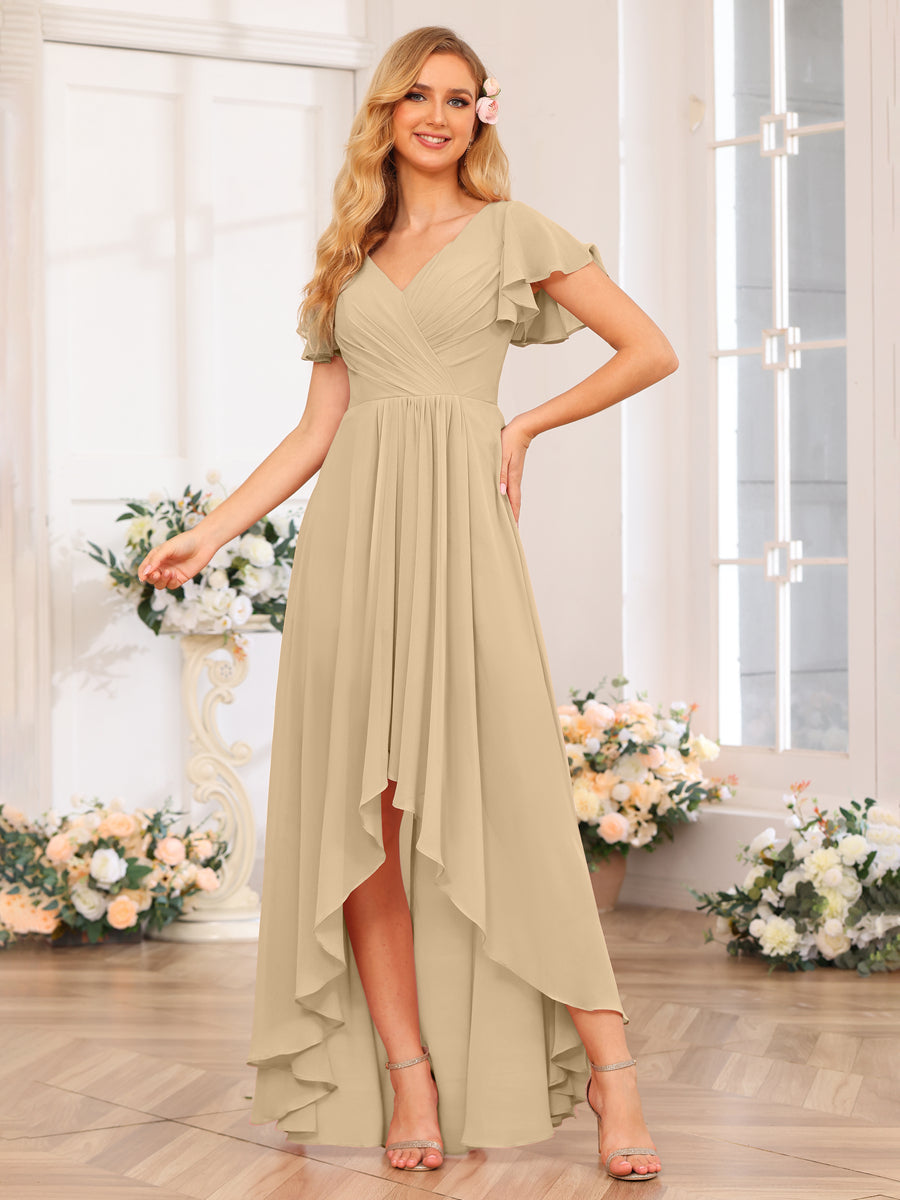 A-Line/Princess V-Neck Long Wedding Party Dresses with Ruffles Champagne