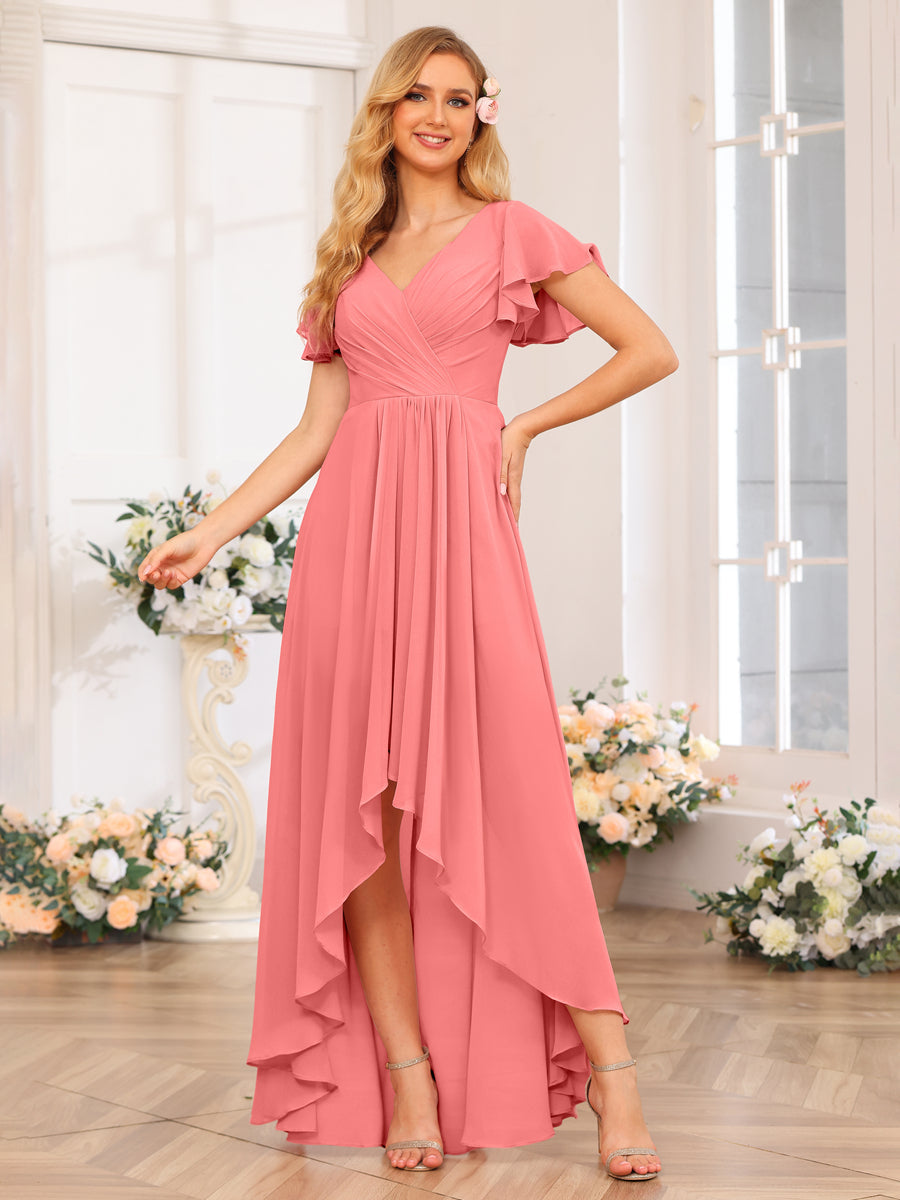 A-Line/Princess V-Neck Long Wedding Party Dresses with Ruffles Coral