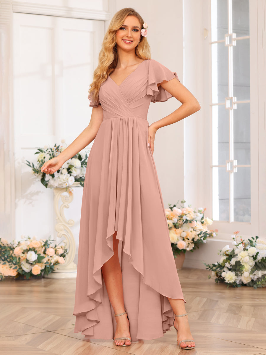 A-Line/Princess V-Neck Long Wedding Party Dresses with Ruffles Dusty Rose