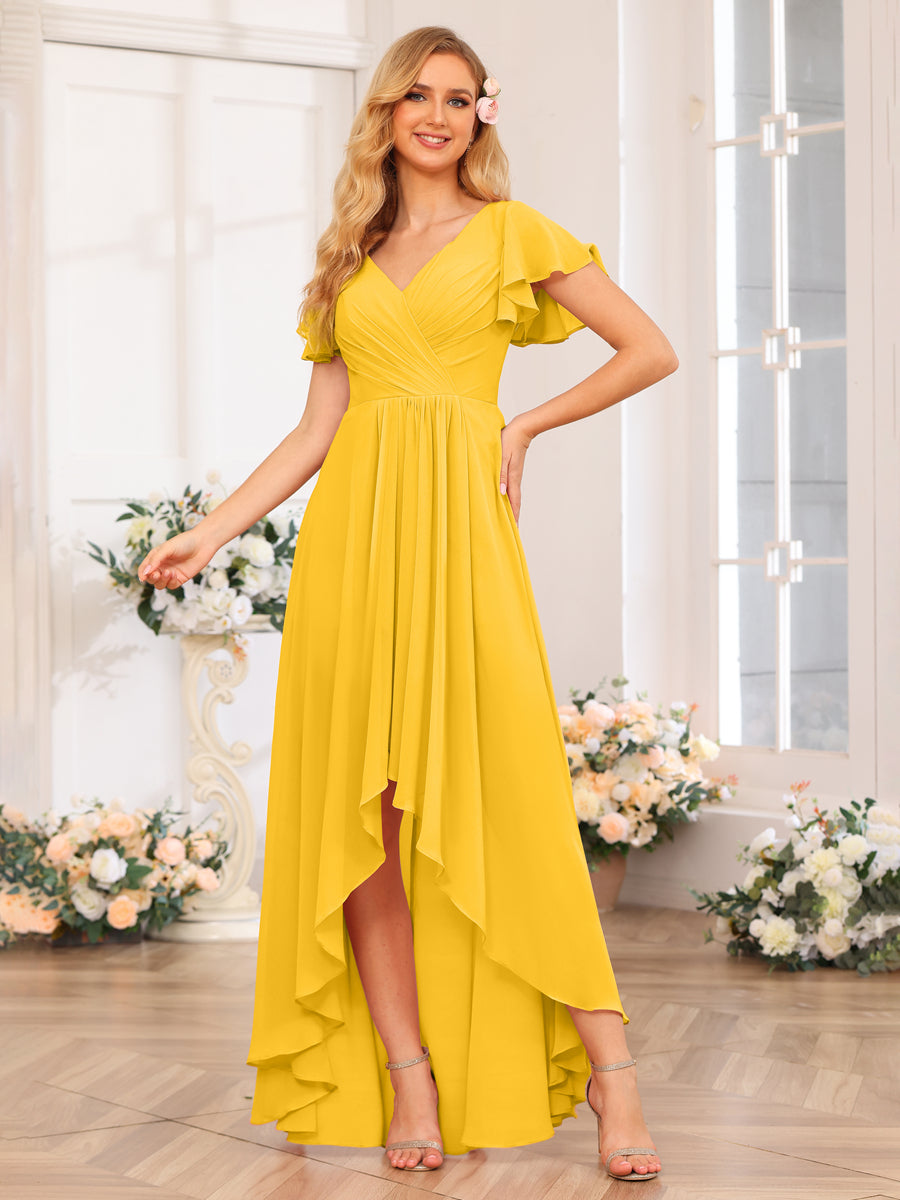 A-Line/Princess V-Neck Long Wedding Party Dresses with Ruffles Gold