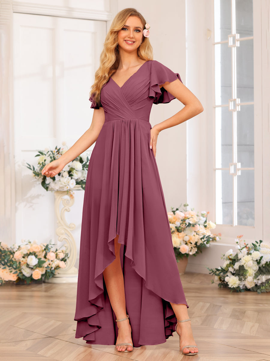 A-Line/Princess V-Neck Long Wedding Party Dresses with Ruffles Mulberry