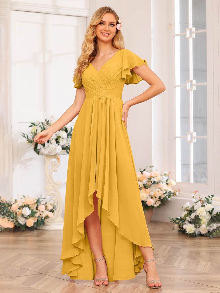 A-Line/Princess V-Neck Long Wedding Party Dresses with Ruffles Mustard Yellow